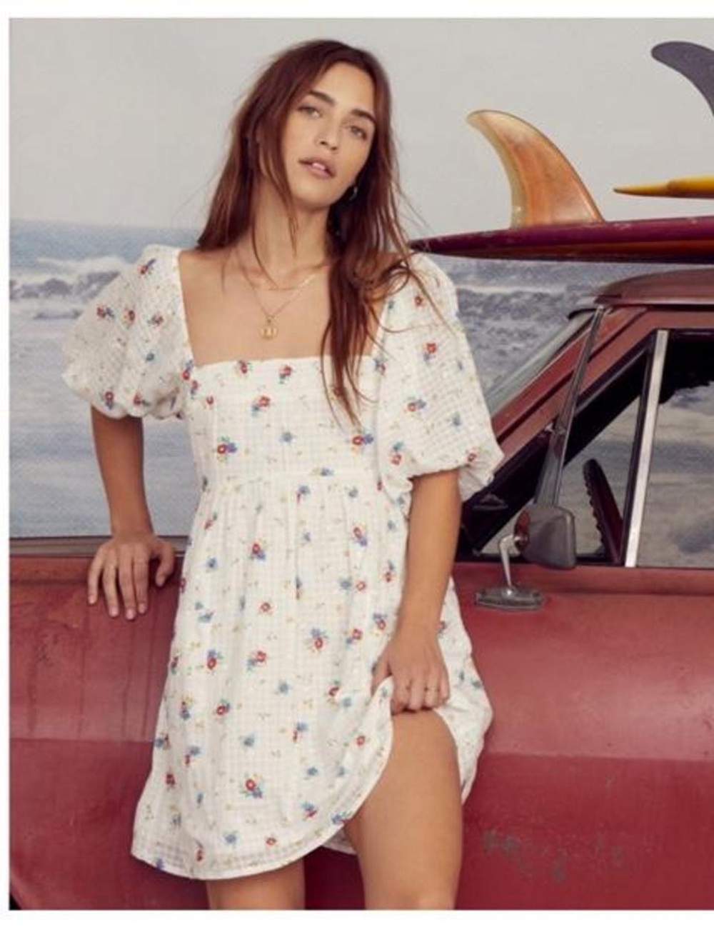 Billabong & Wrangler collab white mini dress with small floral print, size S